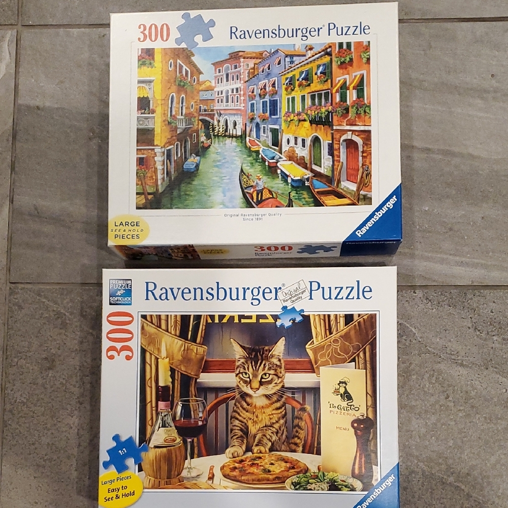 Two (2) 300-PIECE RAVENSBURGER PUZZLES-CAT, DINNER FOR 1 and GONDOLA RIDE, ITALY